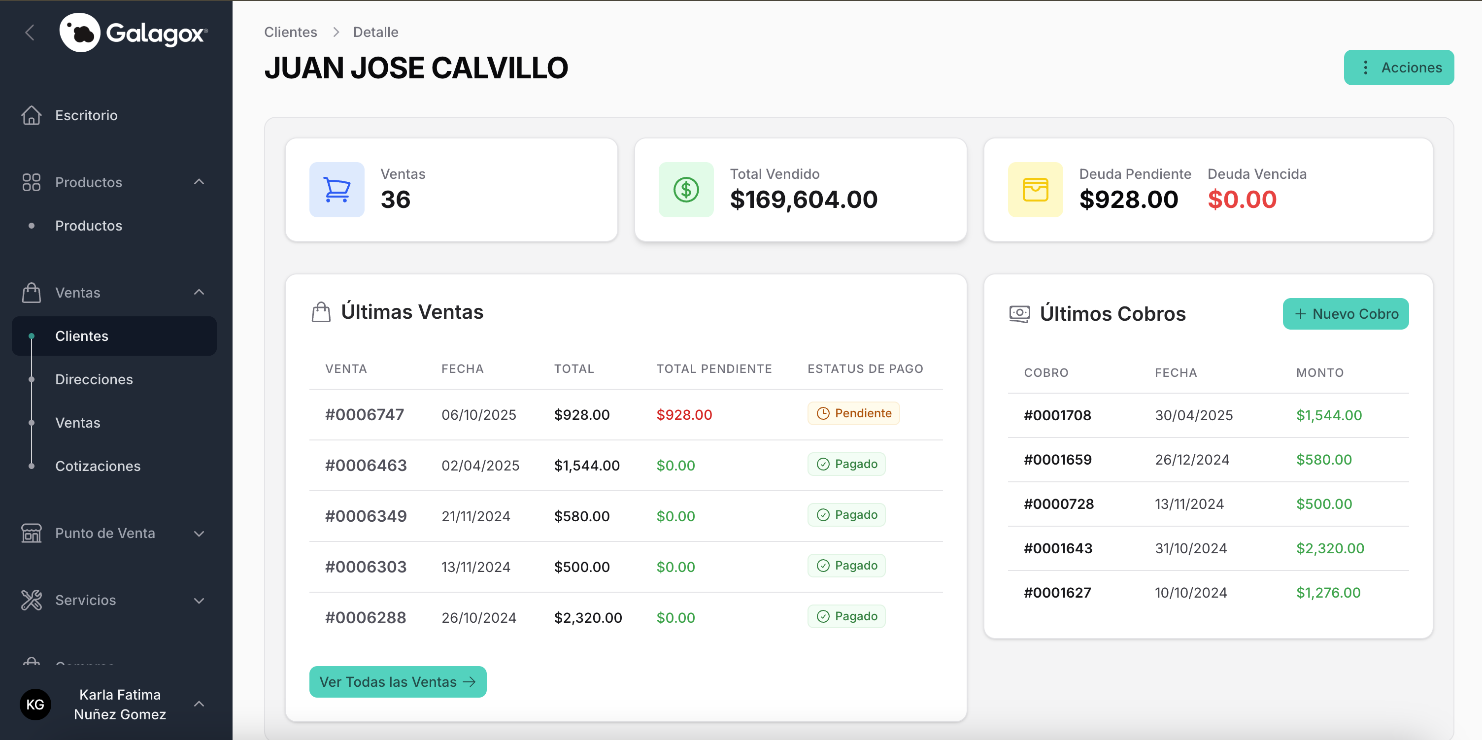 Detalle de cliente con historial de ventas y cobros en Galagox Ventas