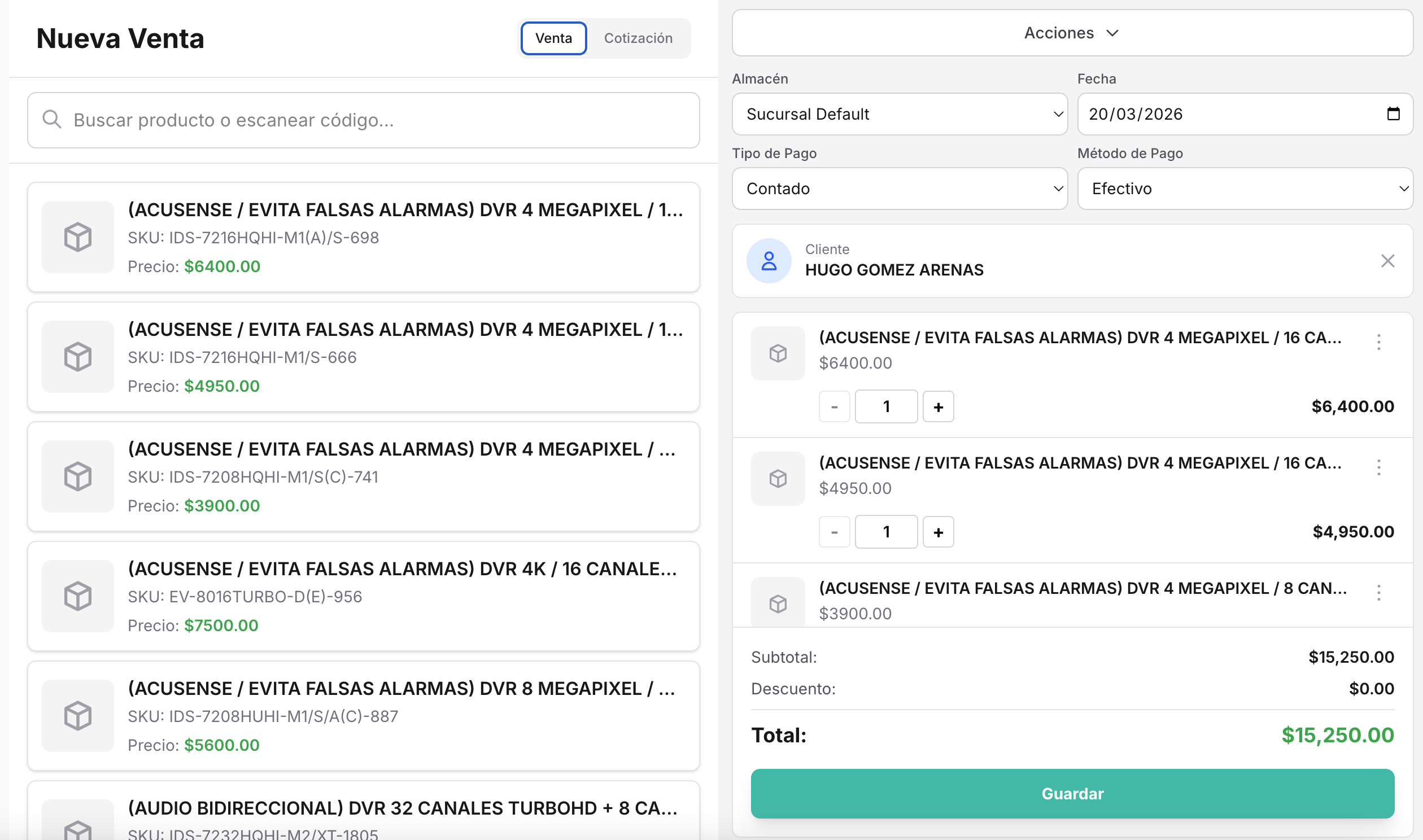 Vista de inventario en Galagox Ventas